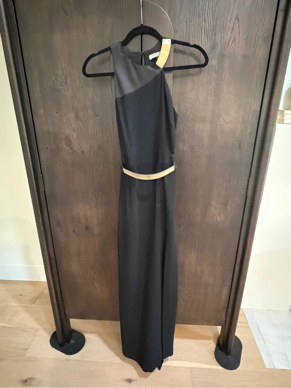 Halston Heritage Black One-Shoulder Gown with Gold Waistband - Picture 6 of 9